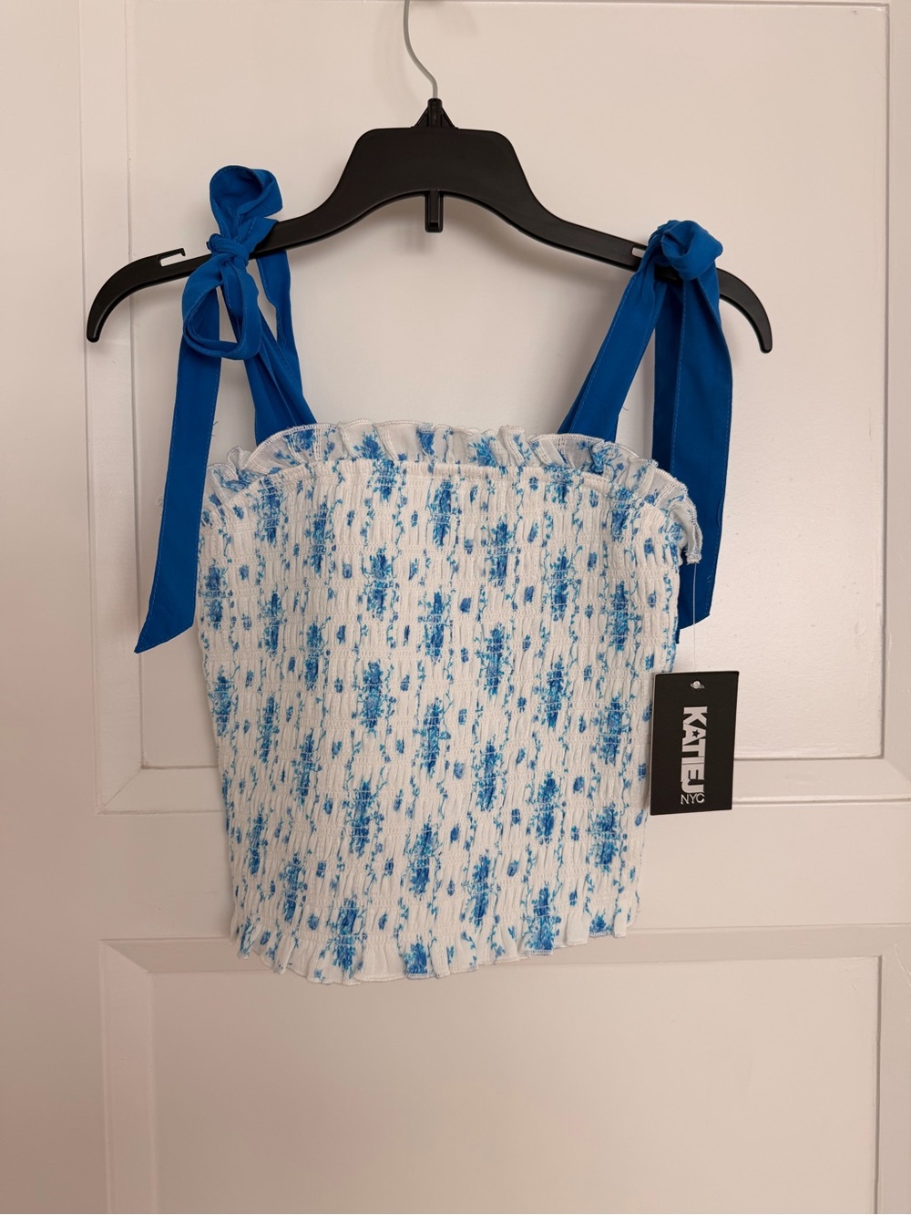Katie J NYC White & Blue Floral Smocked Tie-Shoulder Cami